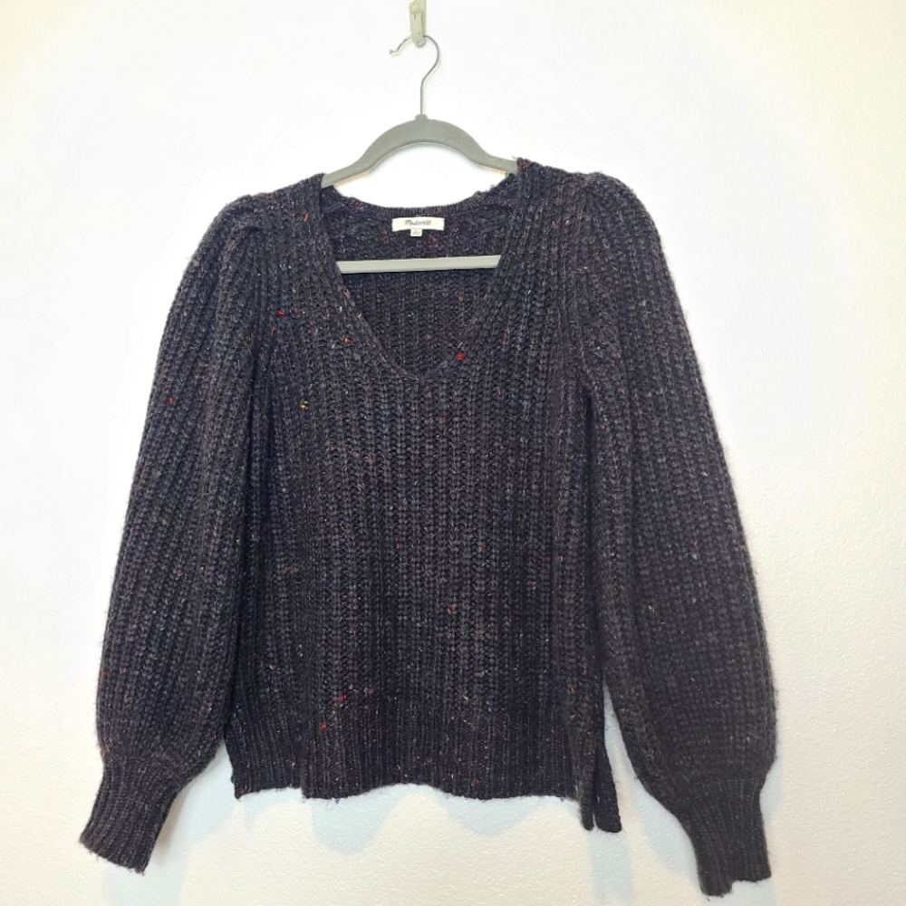 MADEWELL V-Neck Puff-Sleeve Wool Blend Chunky Multi-colored Sweater - Picture 5 of 12
